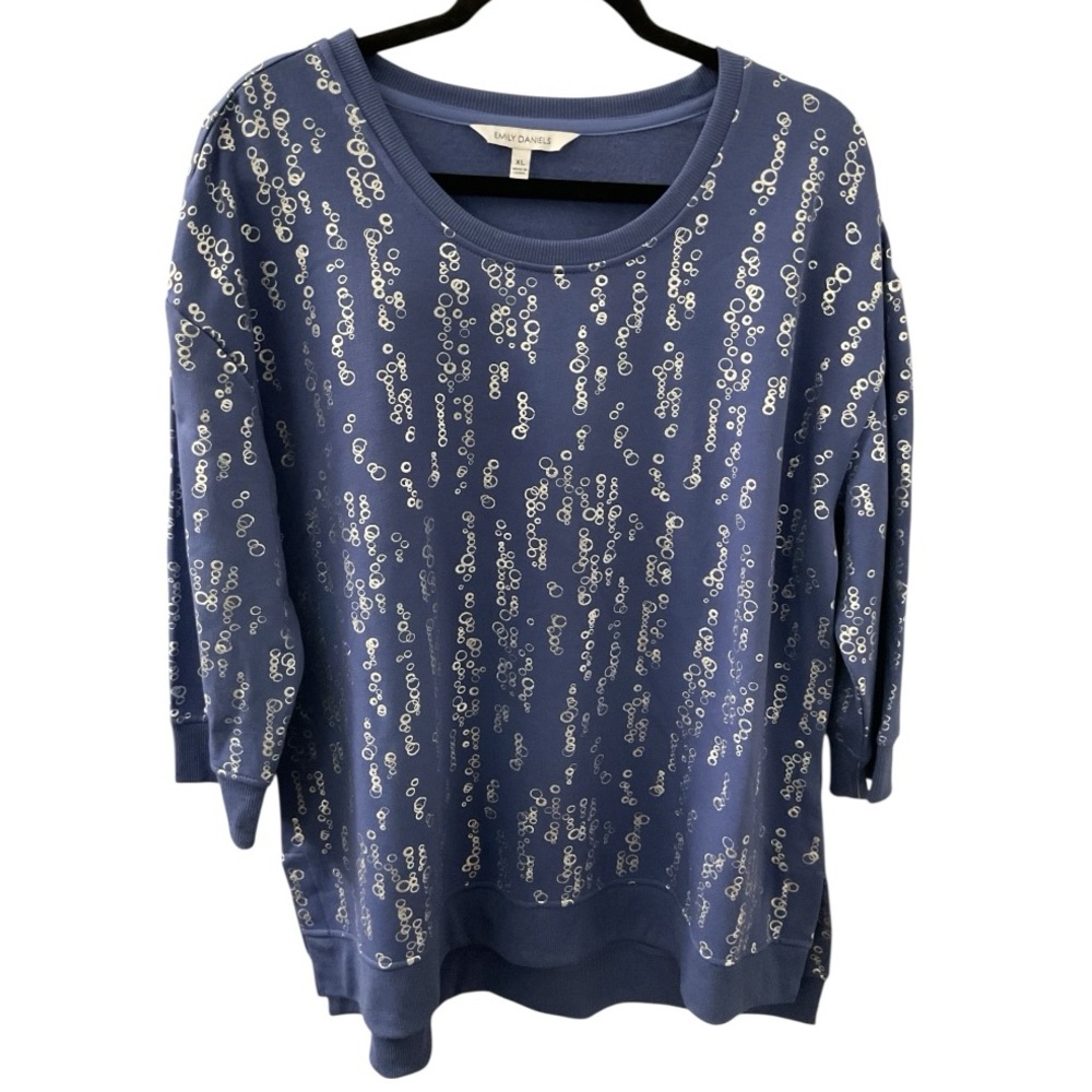 Blue Patterned 3/4 Sleeve High/Low Sweatshirt RT $42 P:24” L:29”
